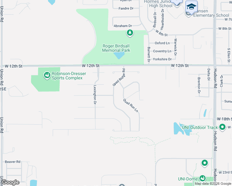 map of restaurants, bars, coffee shops, grocery stores, and more near 1426-1502 Quail Ridge Road in Cedar Falls