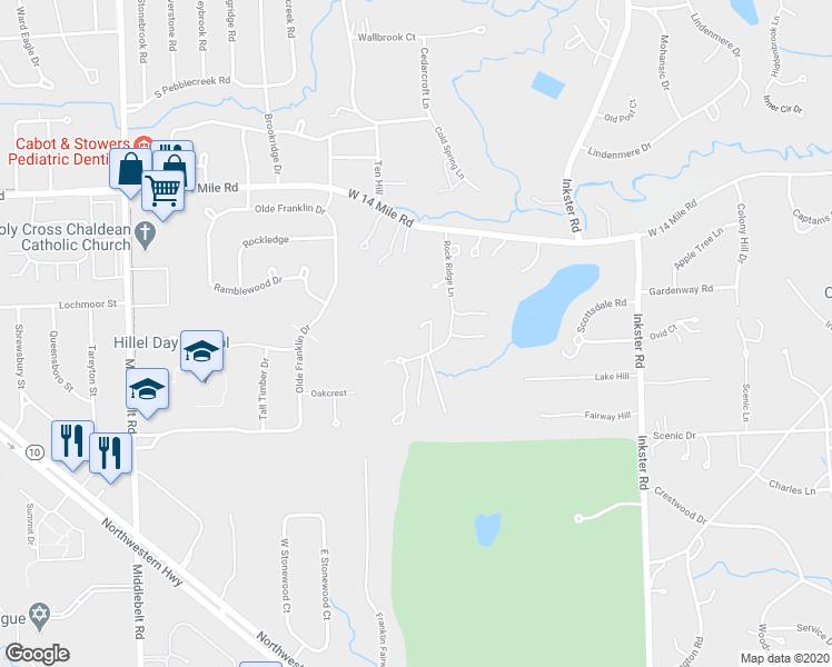 map of restaurants, bars, coffee shops, grocery stores, and more near 32451 Rock Ridge Lane in Farmington Hills