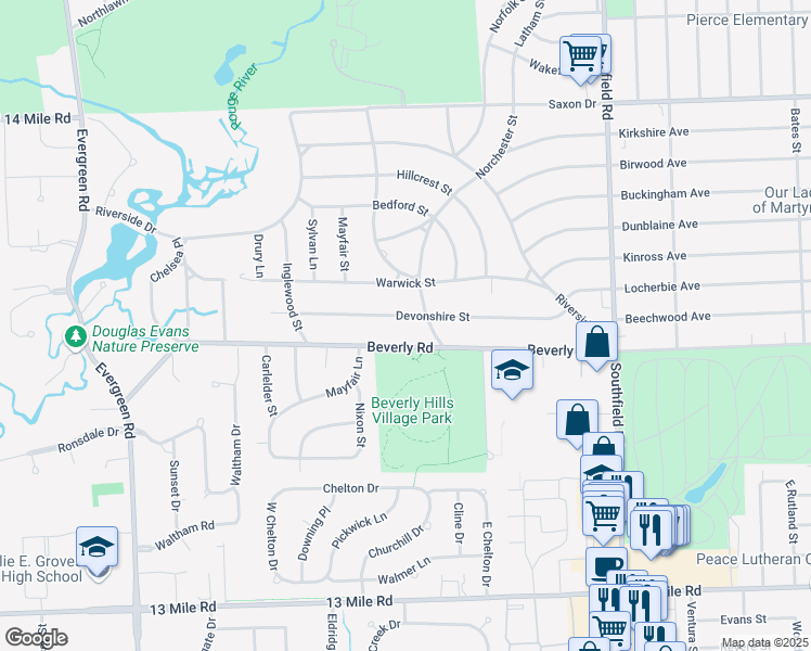map of restaurants, bars, coffee shops, grocery stores, and more near 18851 Devonshire Street in Beverly Hills
