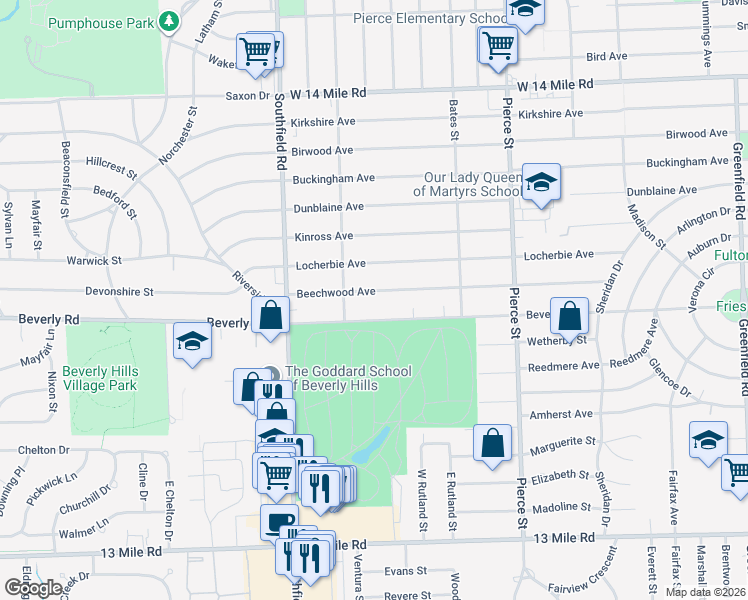 map of restaurants, bars, coffee shops, grocery stores, and more near 17371 Beechwood Avenue in Beverly Hills