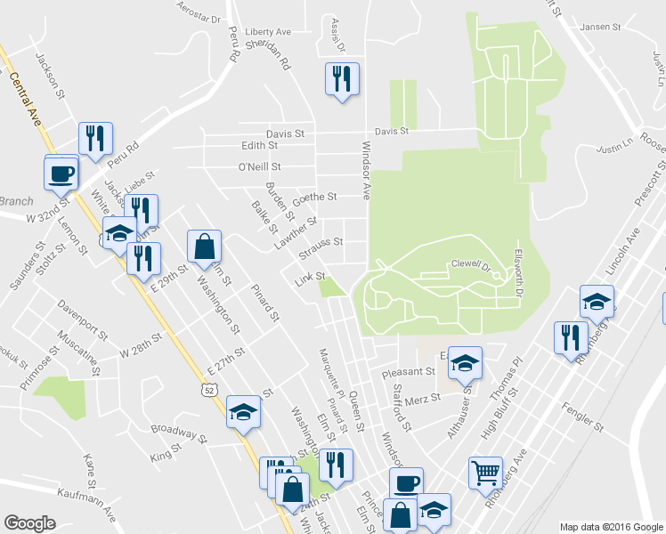 map of restaurants, bars, coffee shops, grocery stores, and more near 2738 Burden Street in Dubuque