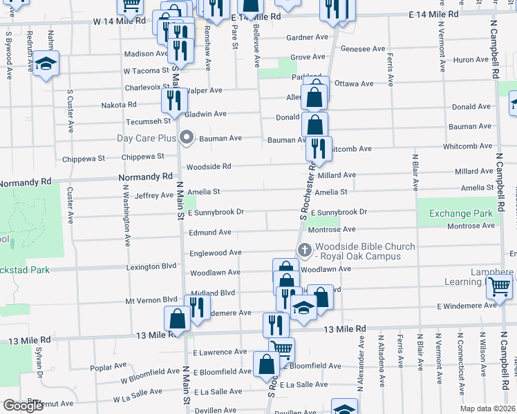 map of restaurants, bars, coffee shops, grocery stores, and more near 337 East Sunnybrook Drive in Royal Oak