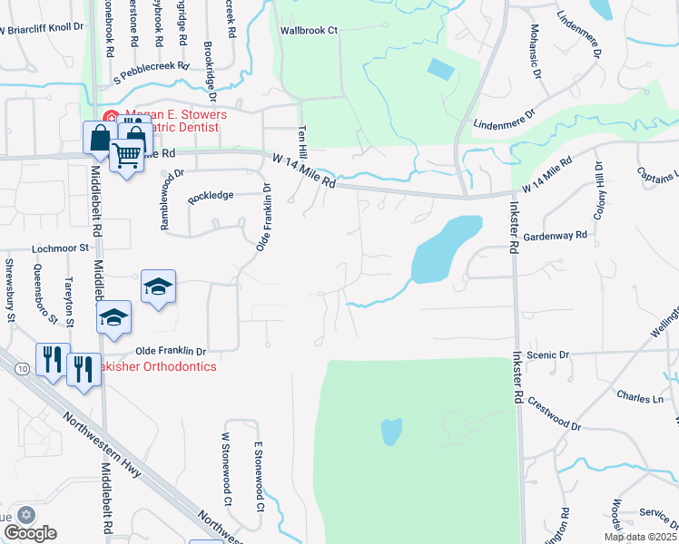 map of restaurants, bars, coffee shops, grocery stores, and more near 32451 Rock Ridge Lane in Farmington Hills