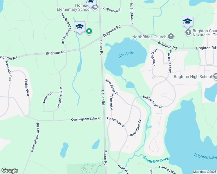 map of restaurants, bars, coffee shops, grocery stores, and more near 5190 River Ridge Drive in Brighton
