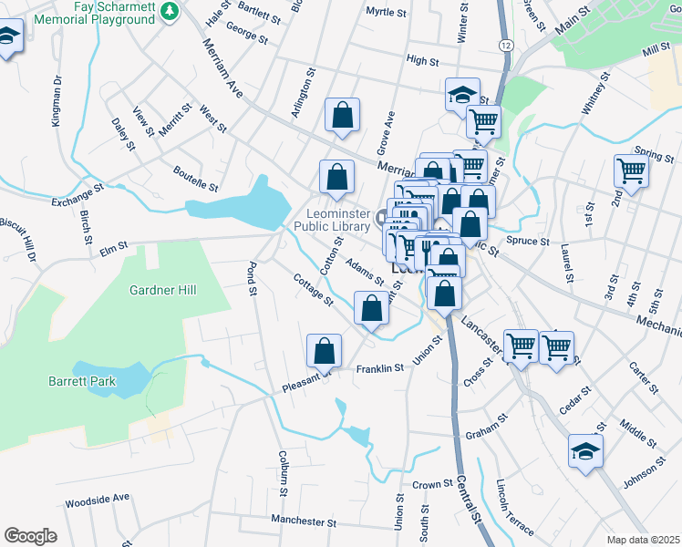 map of restaurants, bars, coffee shops, grocery stores, and more near 68 Cotton Street in Leominster