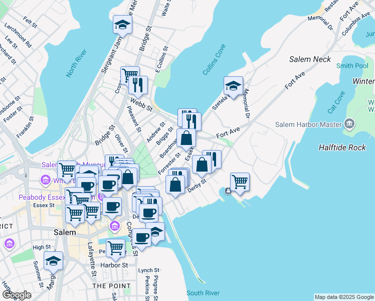 map of restaurants, bars, coffee shops, grocery stores, and more near 41 Forrester Street in Salem