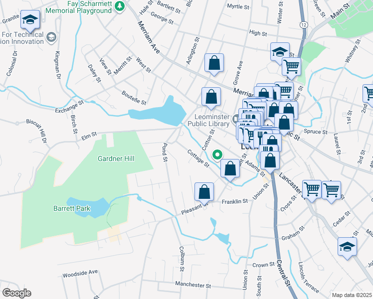 map of restaurants, bars, coffee shops, grocery stores, and more near 89 Cottage Street in Leominster
