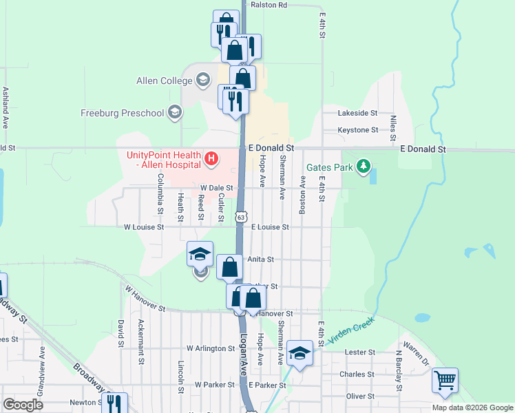 map of restaurants, bars, coffee shops, grocery stores, and more near 1740 Logan Avenue in Waterloo