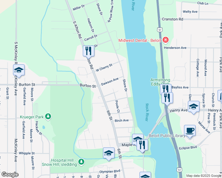 map of restaurants, bars, coffee shops, grocery stores, and more near 1826 Poole Court in Beloit