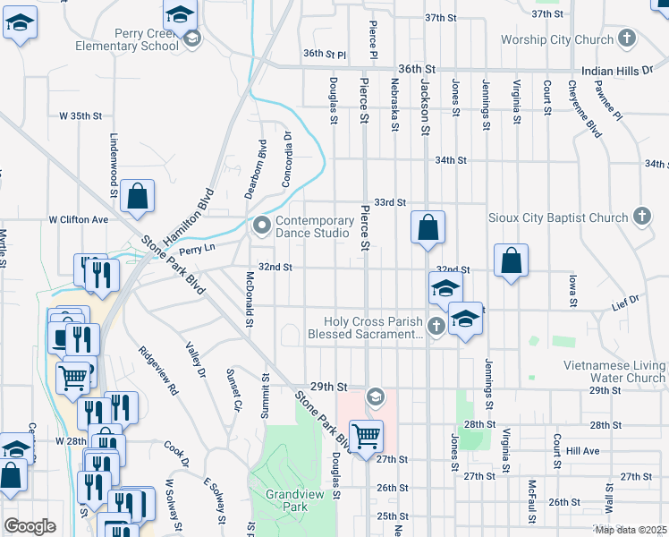 map of restaurants, bars, coffee shops, grocery stores, and more near 399 32nd St in Sioux City