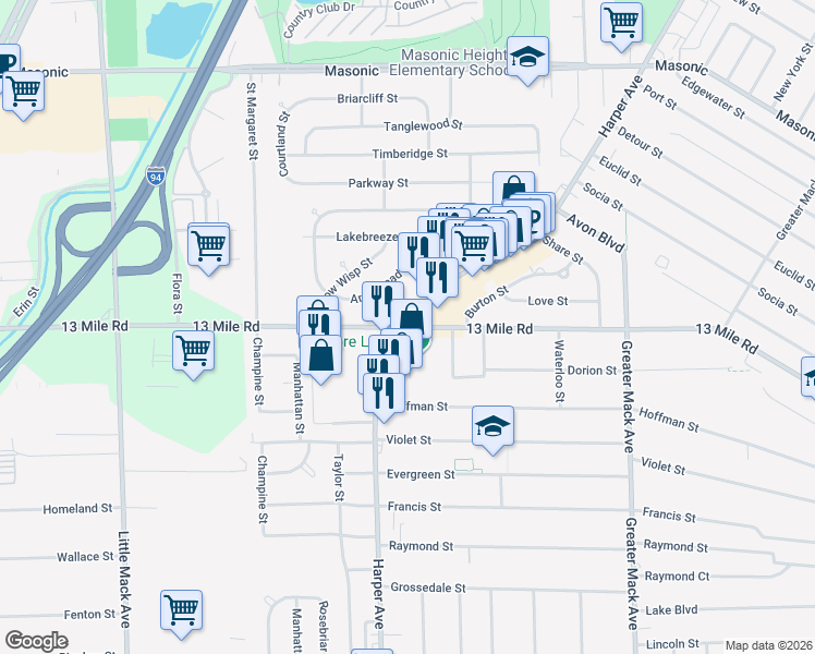 map of restaurants, bars, coffee shops, grocery stores, and more near Harper Ave & 13 Mile Rd in St Clair Shores