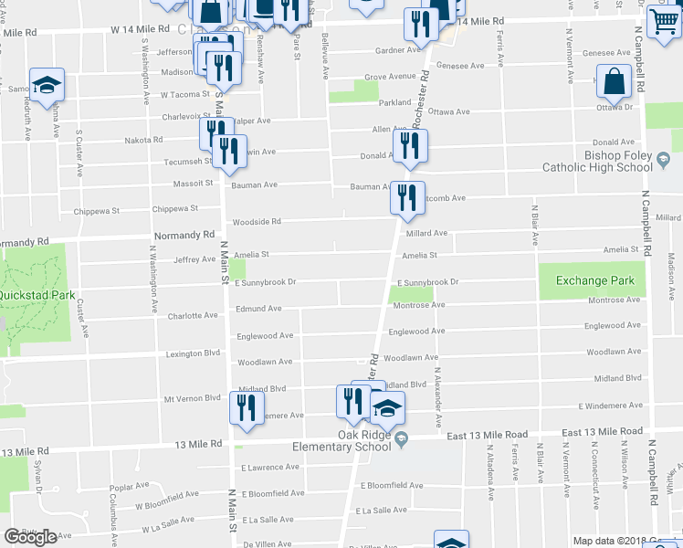 map of restaurants, bars, coffee shops, grocery stores, and more near 403 East Sunnybrook Drive in Royal Oak