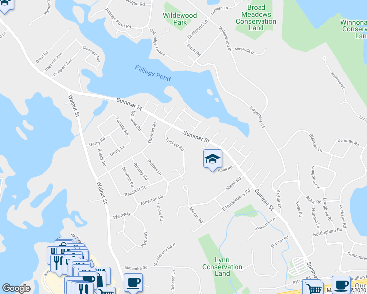 map of restaurants, bars, coffee shops, grocery stores, and more near 11 Trickett Road in Lynnfield