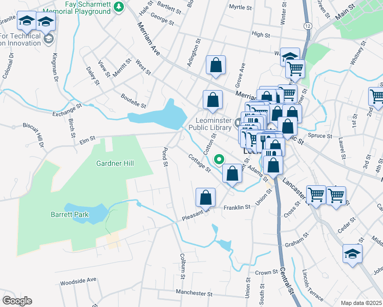 map of restaurants, bars, coffee shops, grocery stores, and more near 89 Cottage Street in Leominster