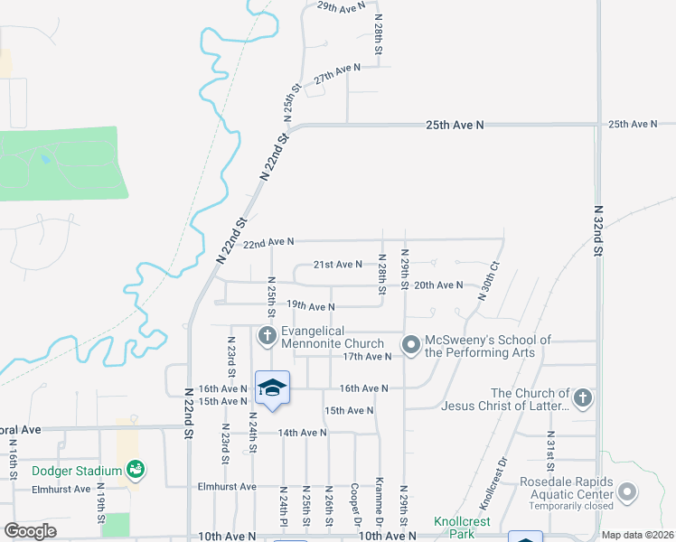 map of restaurants, bars, coffee shops, grocery stores, and more near 2707 21st Avenue North in Fort Dodge