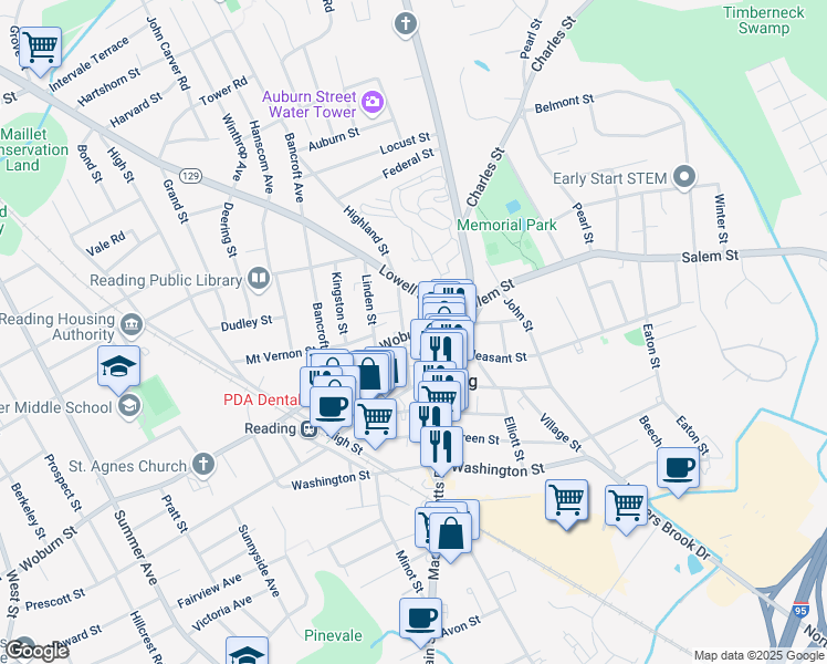 map of restaurants, bars, coffee shops, grocery stores, and more near 25 Woburn Street in Reading
