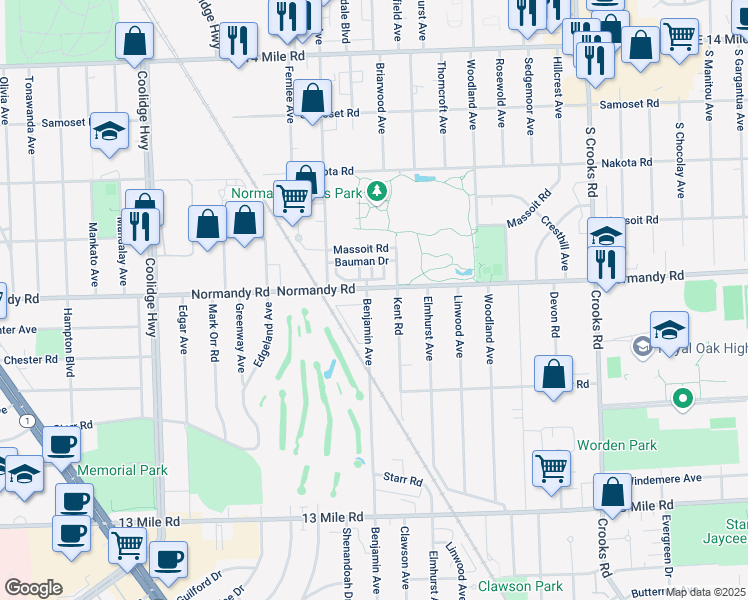 map of restaurants, bars, coffee shops, grocery stores, and more near 4118 Benjamin Avenue in Royal Oak