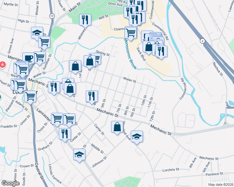 map of restaurants, bars, coffee shops, grocery stores, and more near 212 Spruce Street in Leominster
