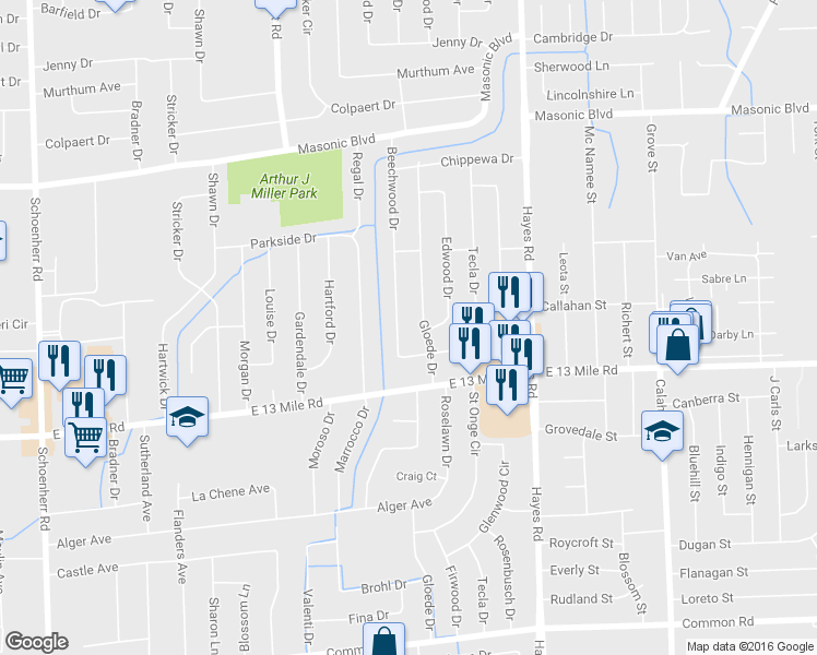 map of restaurants, bars, coffee shops, grocery stores, and more near 31266 Beechwood Dr in Warren