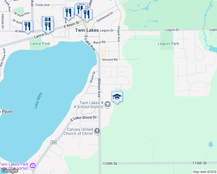 map of restaurants, bars, coffee shops, grocery stores, and more near 627 Hickory Rd in Twin Lakes
