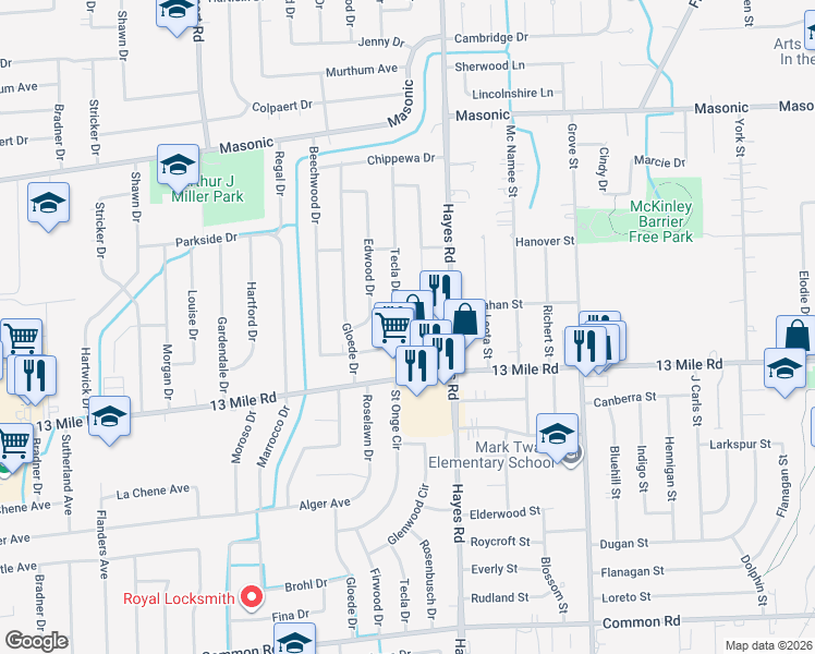map of restaurants, bars, coffee shops, grocery stores, and more near 31230 Tecla Drive in Warren