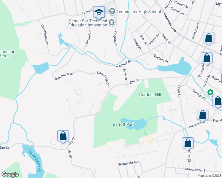 map of restaurants, bars, coffee shops, grocery stores, and more near 1 Biscuit Hill Drive in Leominster