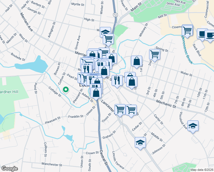 map of restaurants, bars, coffee shops, grocery stores, and more near 14 Short Street in Leominster