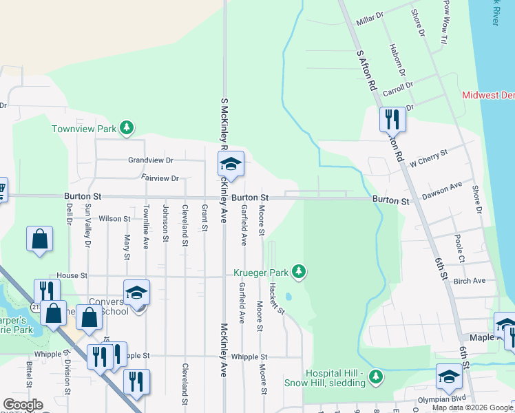 map of restaurants, bars, coffee shops, grocery stores, and more near 1851 Garfield Avenue in Beloit