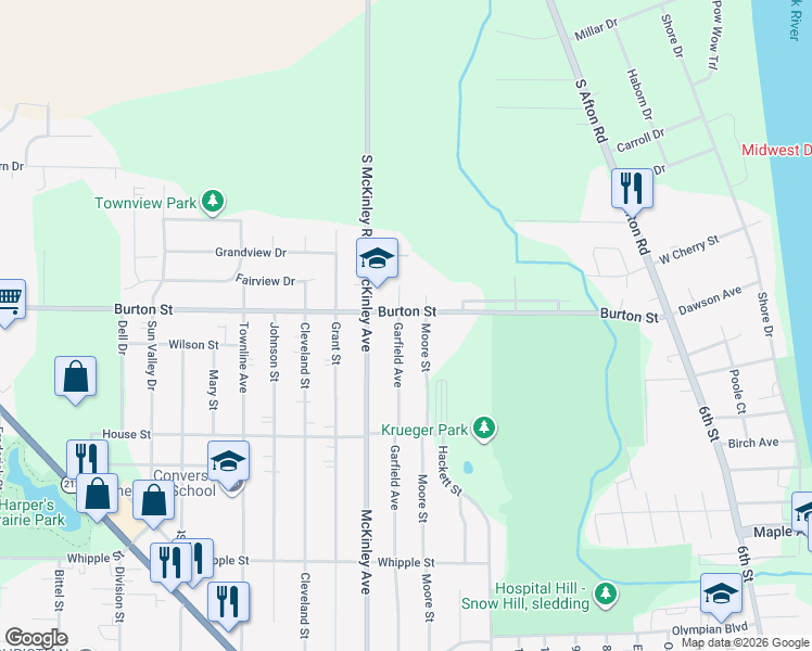 map of restaurants, bars, coffee shops, grocery stores, and more near 1851 Garfield Avenue in Beloit