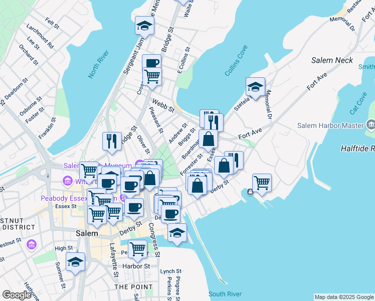 map of restaurants, bars, coffee shops, grocery stores, and more near 13 Boardman Street in Salem