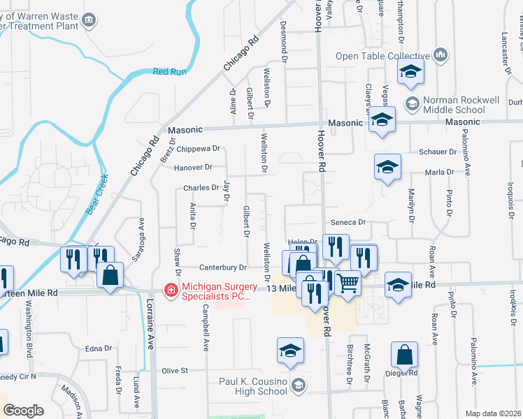 map of restaurants, bars, coffee shops, grocery stores, and more near 31291 Wellston Drive in Warren