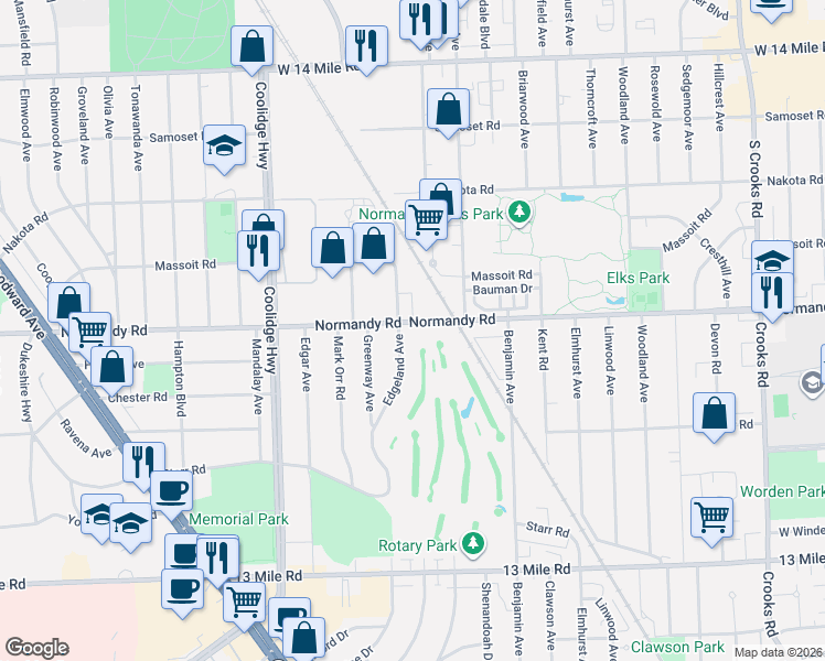 map of restaurants, bars, coffee shops, grocery stores, and more near 2701 Normandy Road in Royal Oak