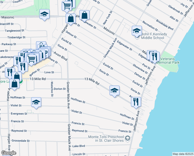 map of restaurants, bars, coffee shops, grocery stores, and more near 22720 Avon Street in St. Clair Shores