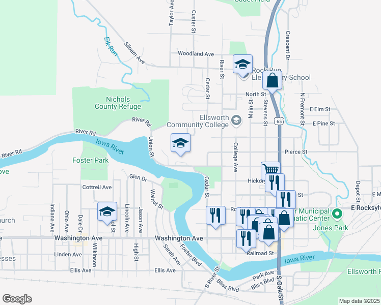 map of restaurants, bars, coffee shops, grocery stores, and more near 1124 Union Street in Iowa Falls