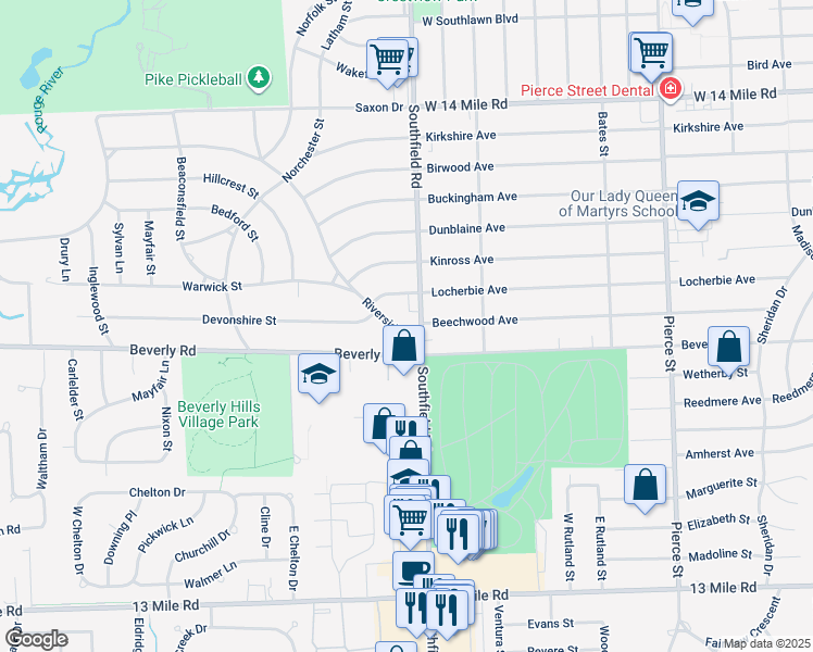 map of restaurants, bars, coffee shops, grocery stores, and more near 18110 Riverside Drive in Beverly Hills