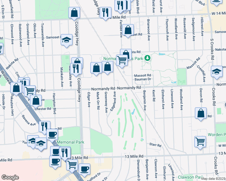 map of restaurants, bars, coffee shops, grocery stores, and more near 2803 Normandy Road in Royal Oak