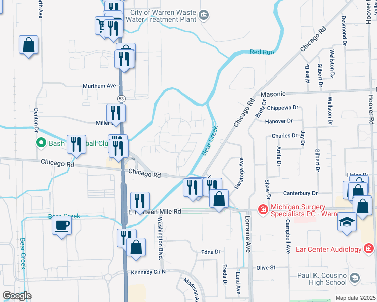 map of restaurants, bars, coffee shops, grocery stores, and more near 8660 Villa Lane in Warren