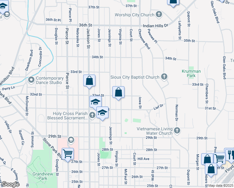 map of restaurants, bars, coffee shops, grocery stores, and more near 901-949 32nd St in Sioux City