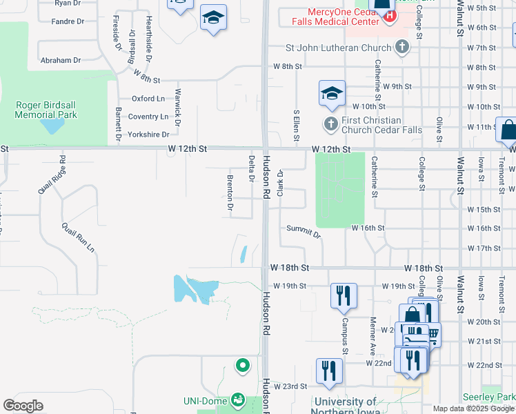 map of restaurants, bars, coffee shops, grocery stores, and more near 1412 Delta Drive in Cedar Falls