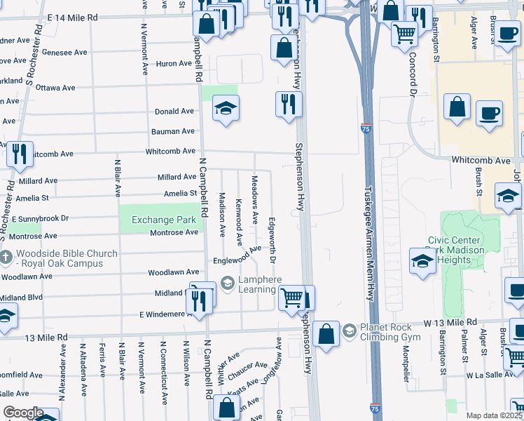 map of restaurants, bars, coffee shops, grocery stores, and more near 31556 Meadows Ave in Madison Heights