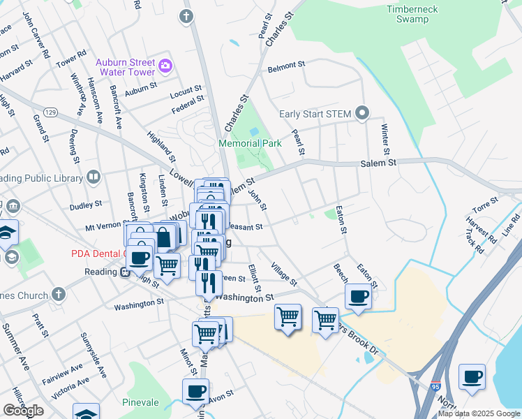map of restaurants, bars, coffee shops, grocery stores, and more near 27 John Street in Reading