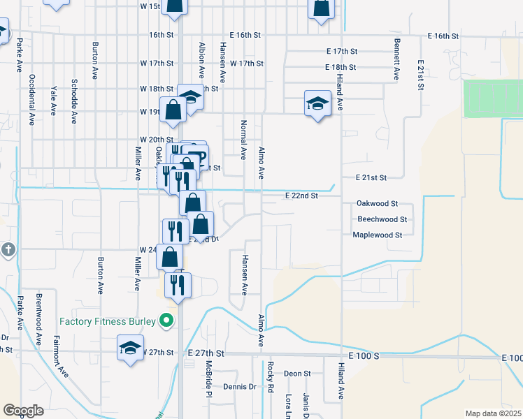 map of restaurants, bars, coffee shops, grocery stores, and more near 2233 Almo Avenue in Burley