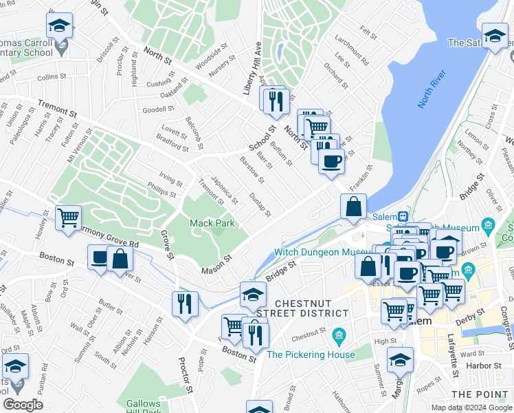 map of restaurants, bars, coffee shops, grocery stores, and more near 12 Dunlap Street in Salem
