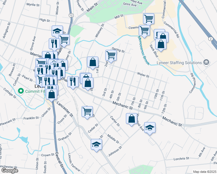 map of restaurants, bars, coffee shops, grocery stores, and more near 157 3rd Street in Leominster