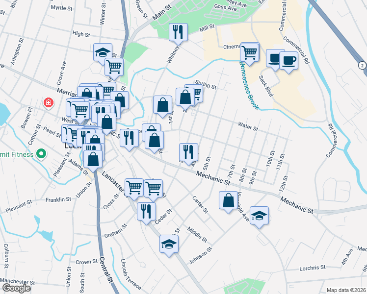 map of restaurants, bars, coffee shops, grocery stores, and more near 157 3rd Street in Leominster