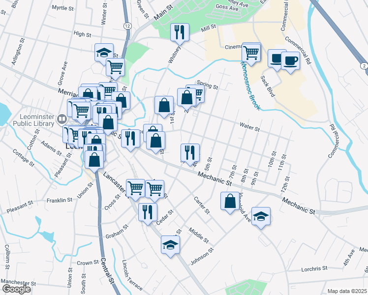 map of restaurants, bars, coffee shops, grocery stores, and more near 157 3rd Street in Leominster