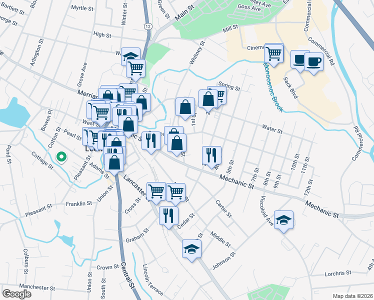 map of restaurants, bars, coffee shops, grocery stores, and more near 17R Laurel Street in Leominster
