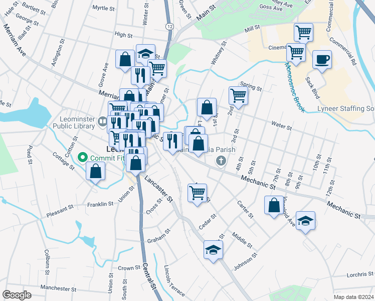 map of restaurants, bars, coffee shops, grocery stores, and more near 134 Mechanic Street in Leominster