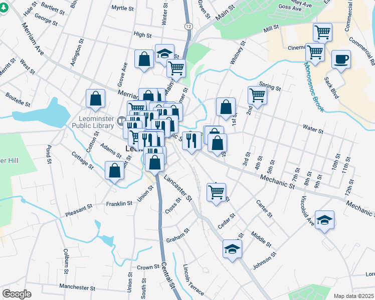 map of restaurants, bars, coffee shops, grocery stores, and more near 101 Mechanic Street in Leominster