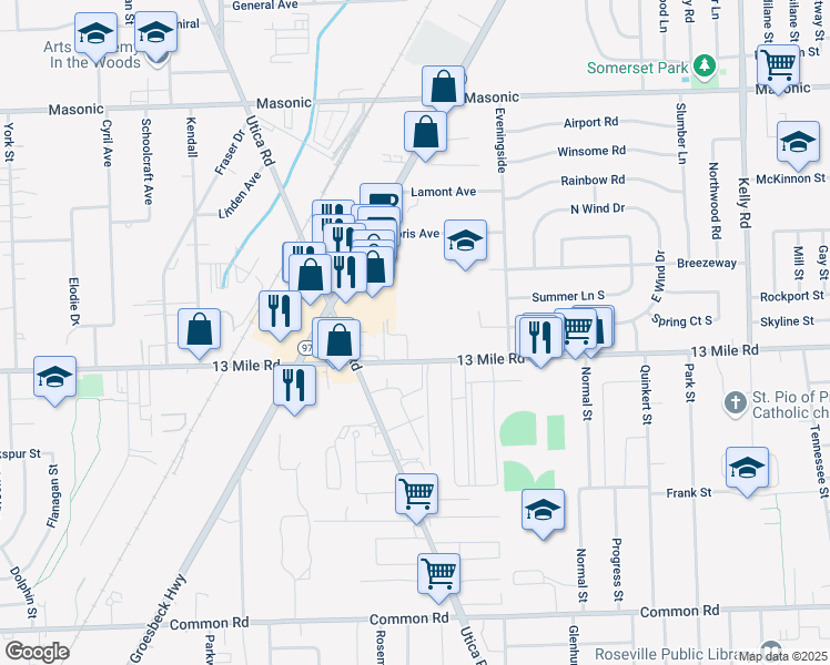 map of restaurants, bars, coffee shops, grocery stores, and more near 17195 Fraser Woods Drive in Fraser